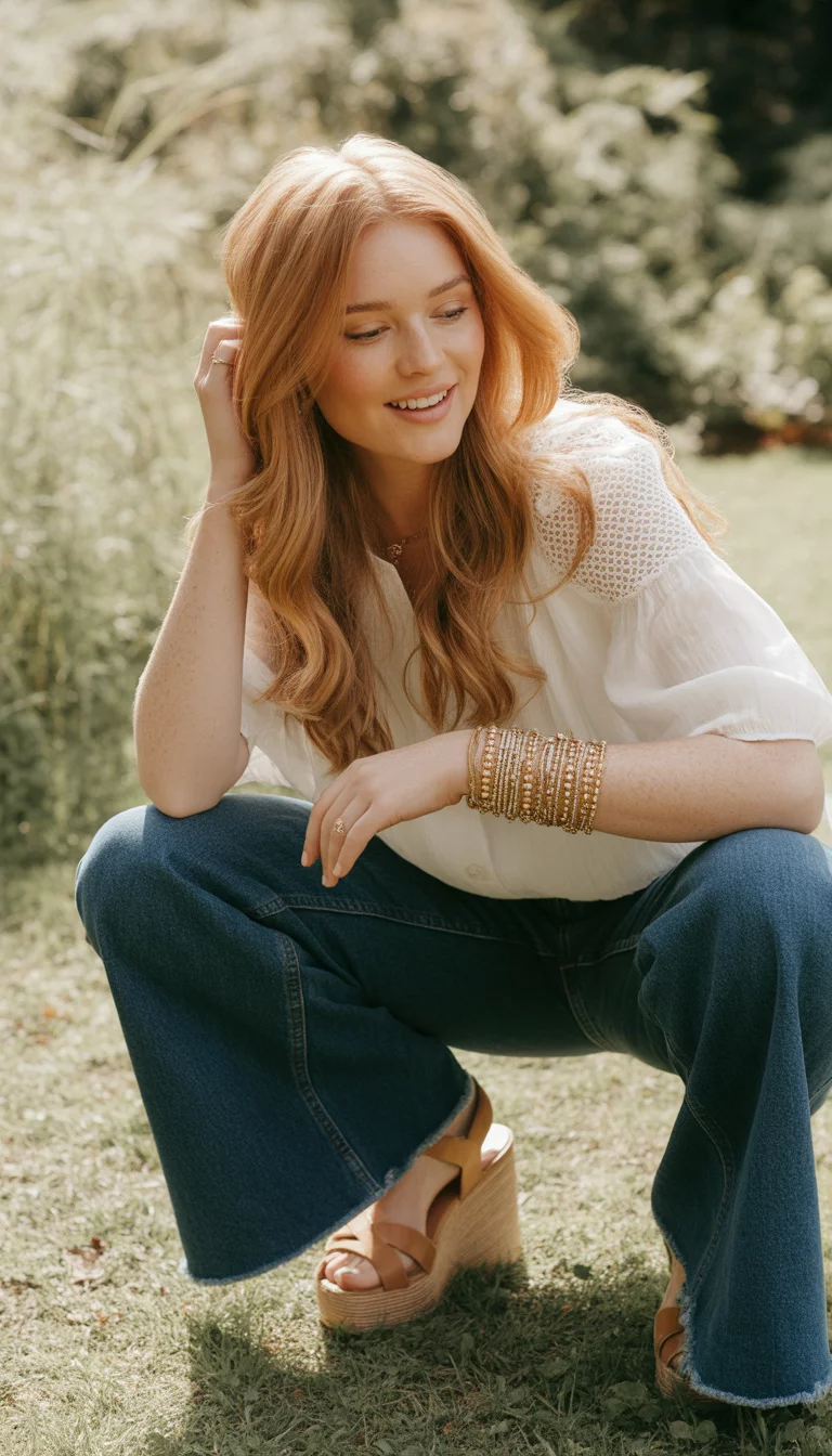 A beautiful 21-year-old woman in a white ruffled sleeve top and dark wash flare jeans, she wears tan platform sandals and gold bracelets while posing for a portrait.