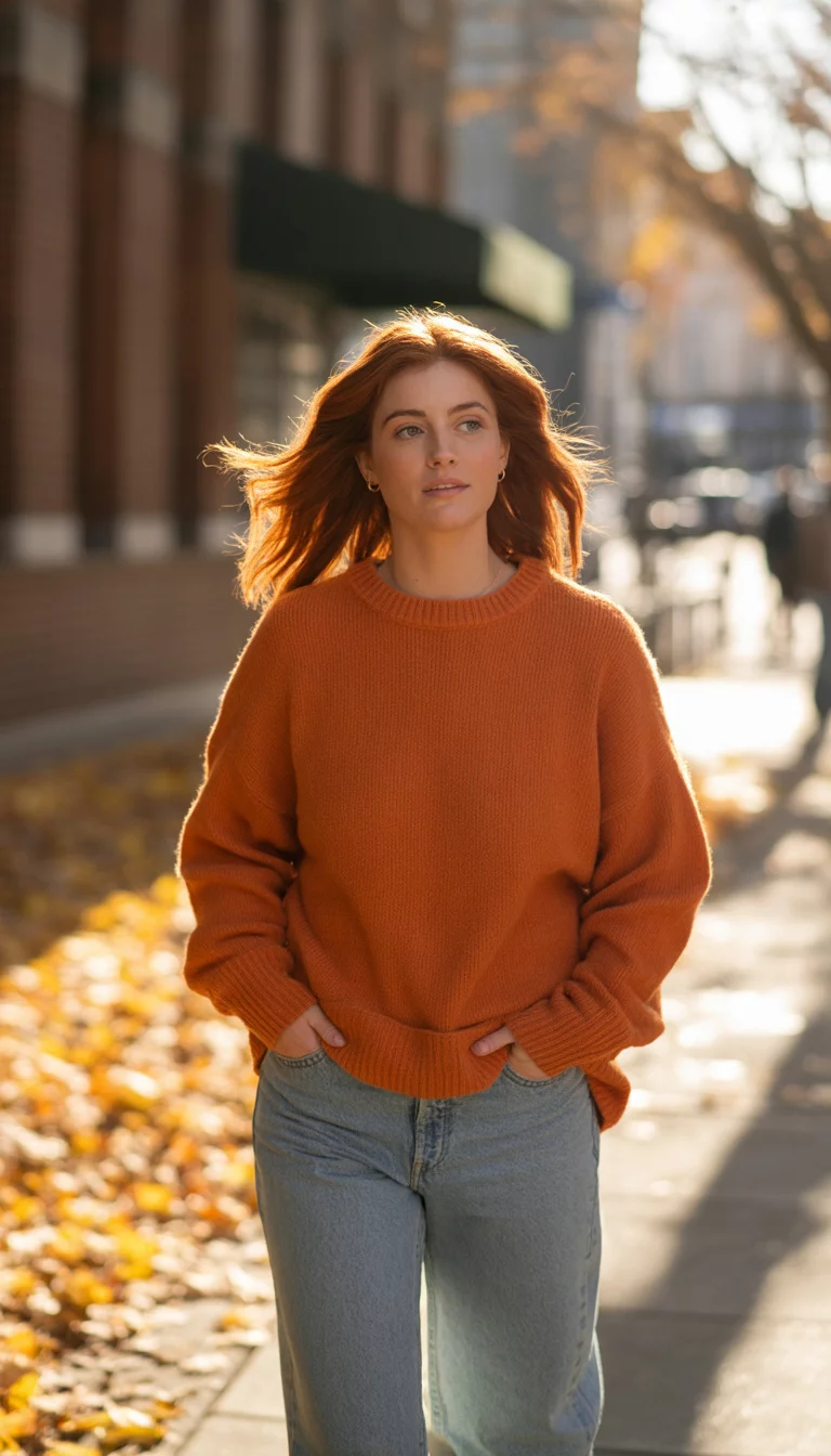 A beautiful 20-year-old woman in an orange knit sweater and light blue jeans, she walks down a sidewalk covered in fallen orange and yellow autumn foliage.