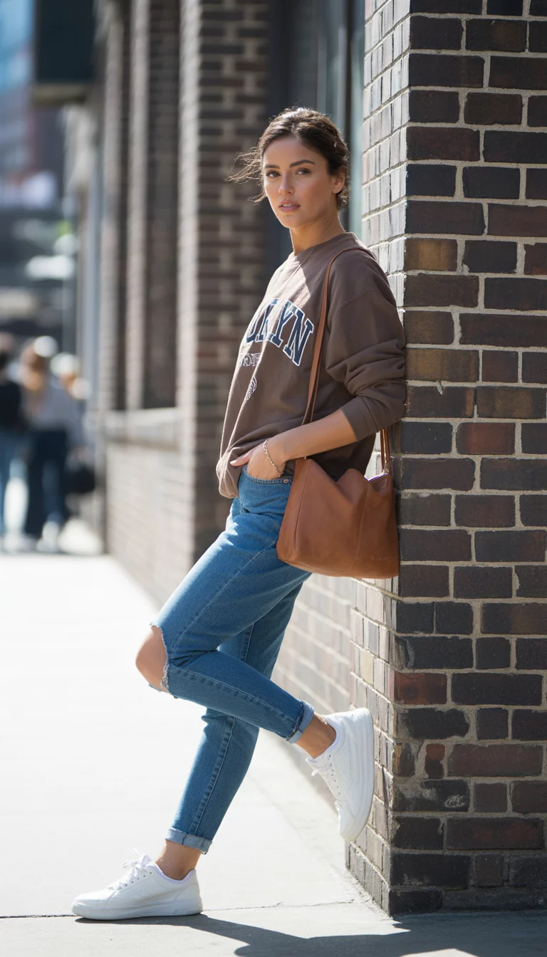 A beautiful 22-year-old woman in a brown brooklyn graphic sweatshirt, blue ripped skinny jeans, white sneakers, and a brown leather shoulder bag, she poses against a neutral urban brick wall.