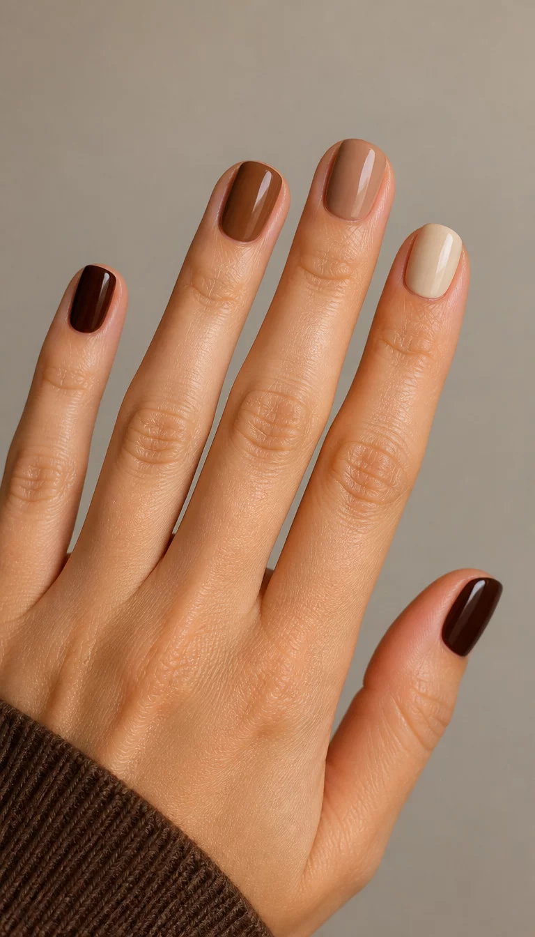 Nude And Brown Gradient close-up shot of a woman’s hand with five fingers showing short nails in a gradient of brown shades from dark chocolate to light cream, neutral background.