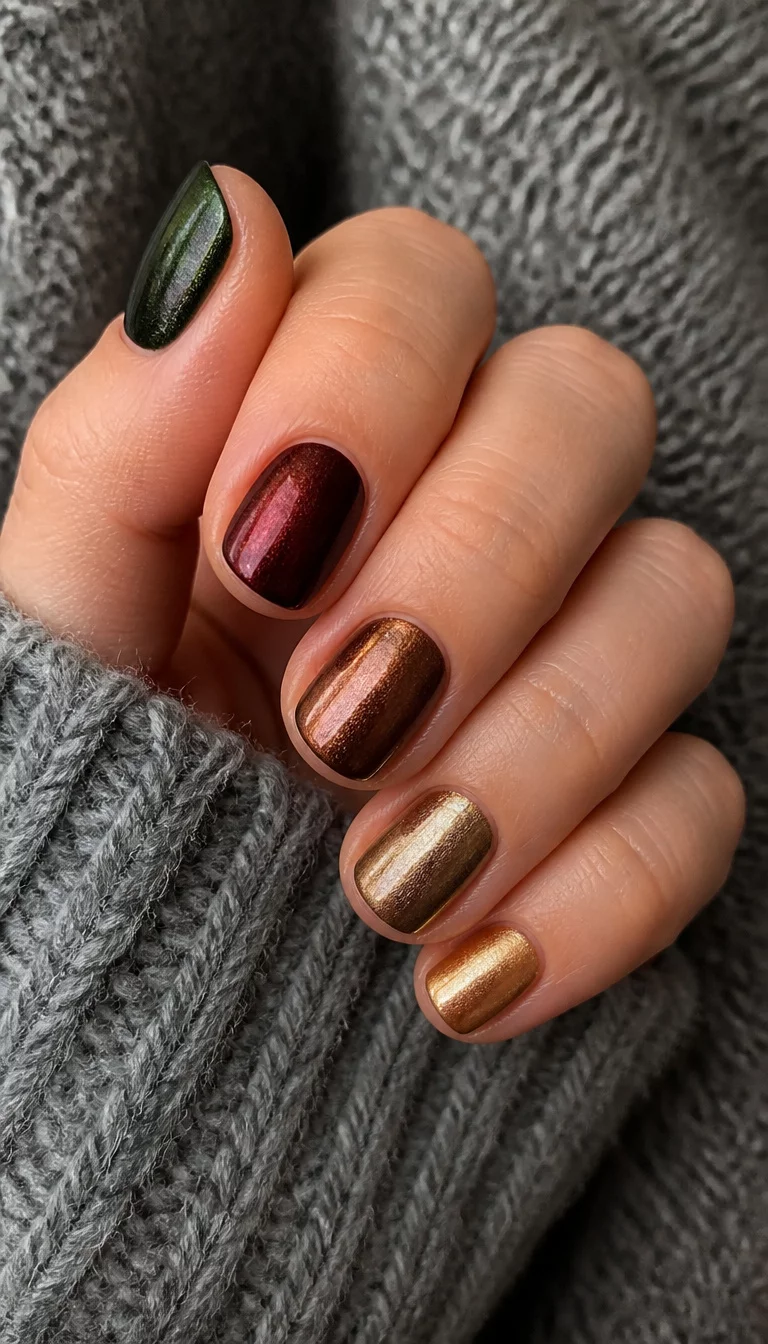 Metallic Gradient Magic close-up shot of a woman’s hand with five fingers showing short nails with a gradient of metallic dark green, burgundy, bronze, and gold, gray textured sweater background.