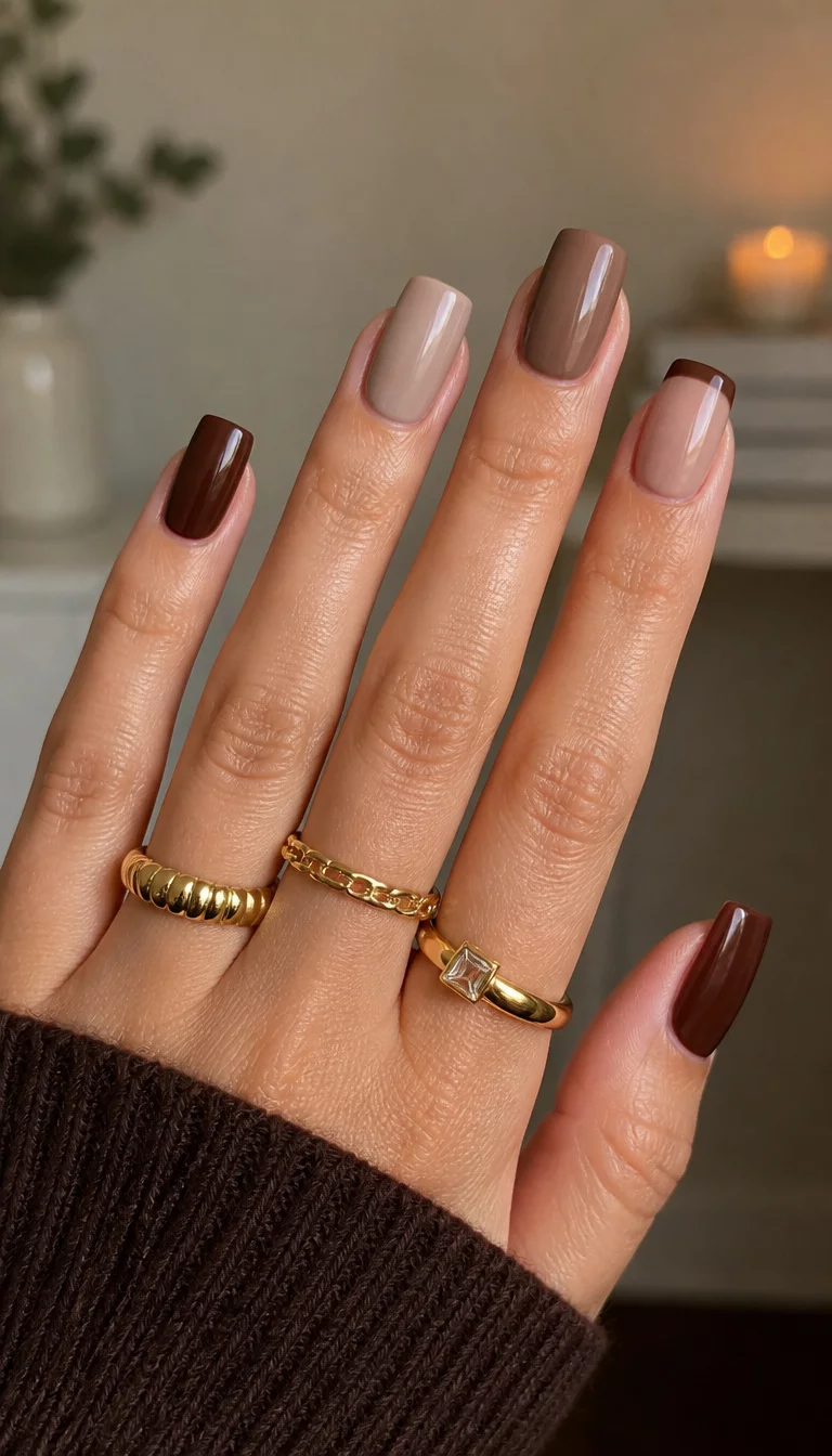 The Ultimate Earthy Gradient close-up shot of a woman’s hand with five fingers showing square nails painted in various shades of brown and taupe with one French tip, gold rings, blurred indoor background.