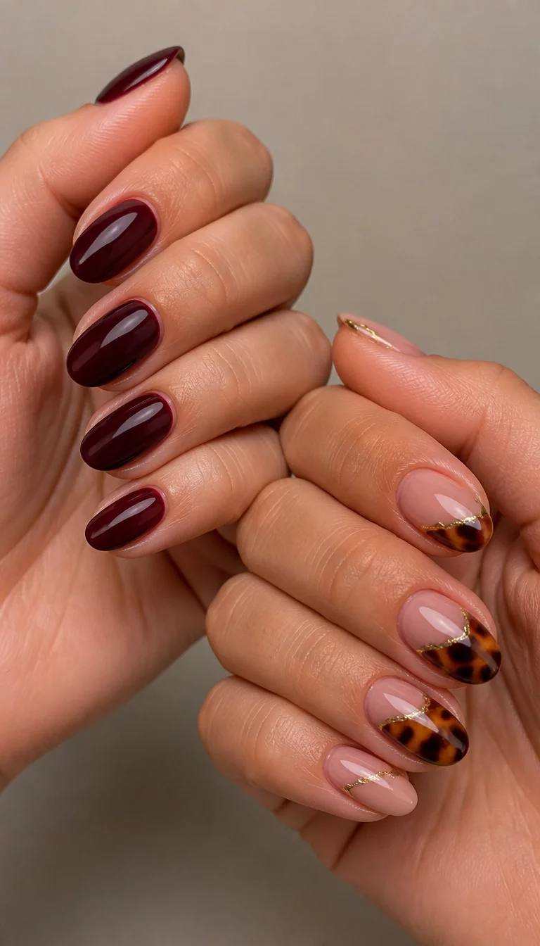 Tortoise Shell Accents close-up shot of two hands, one with oval nails in deep burgundy, the other with oval nails featuring a light pink base with a tortoise shell design and gold accents, neutral background.