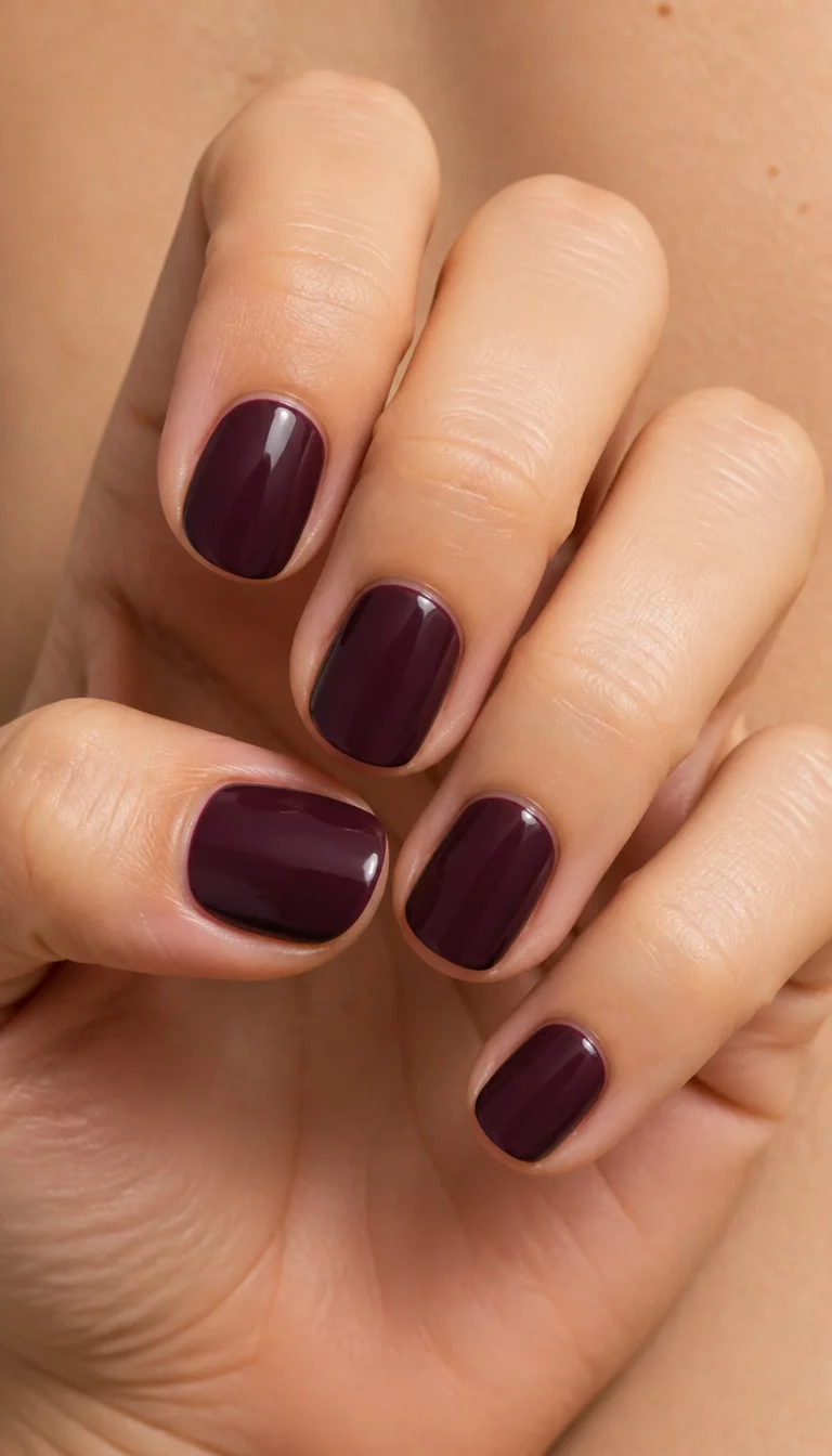 Rich Dark Plum Shorties close-up shot of a woman’s hand with five fingers showing short, rounded nails painted a rich, dark plum color, skin-focused background.