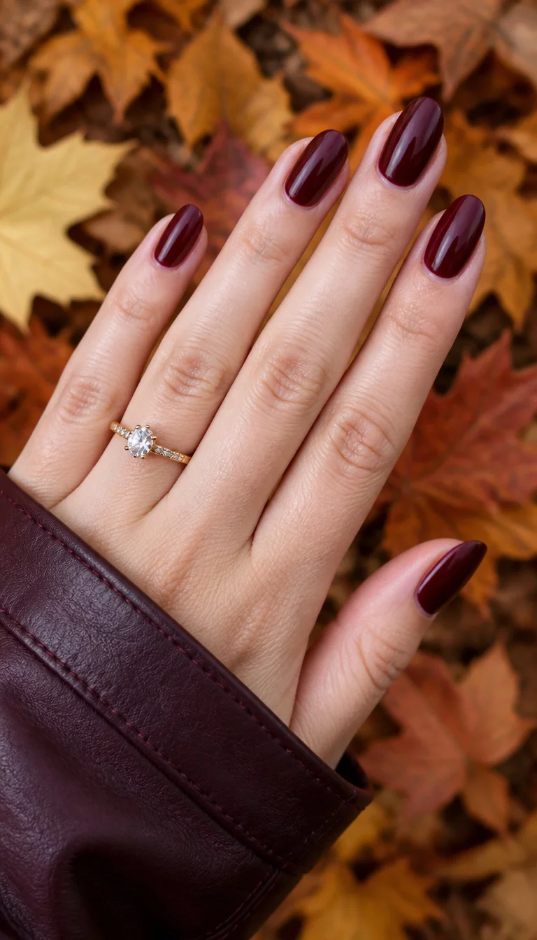 Burgundy In The Leaves close-up shot of a woman’s hand with five fingers showing oval-shaped nails painted a glossy deep burgundy, wearing a ring and a jacket, autumn leaves in the background.