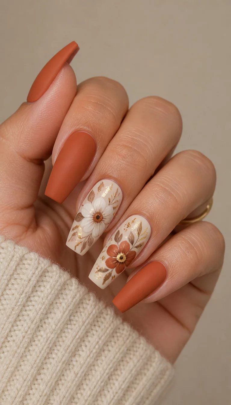 Matte Terracotta And Florals close-up shot of a woman’s hand with five fingers showing coffin-shaped nails in matte terracotta orange, two nails with white and brown floral designs and gold accents, neutral background.