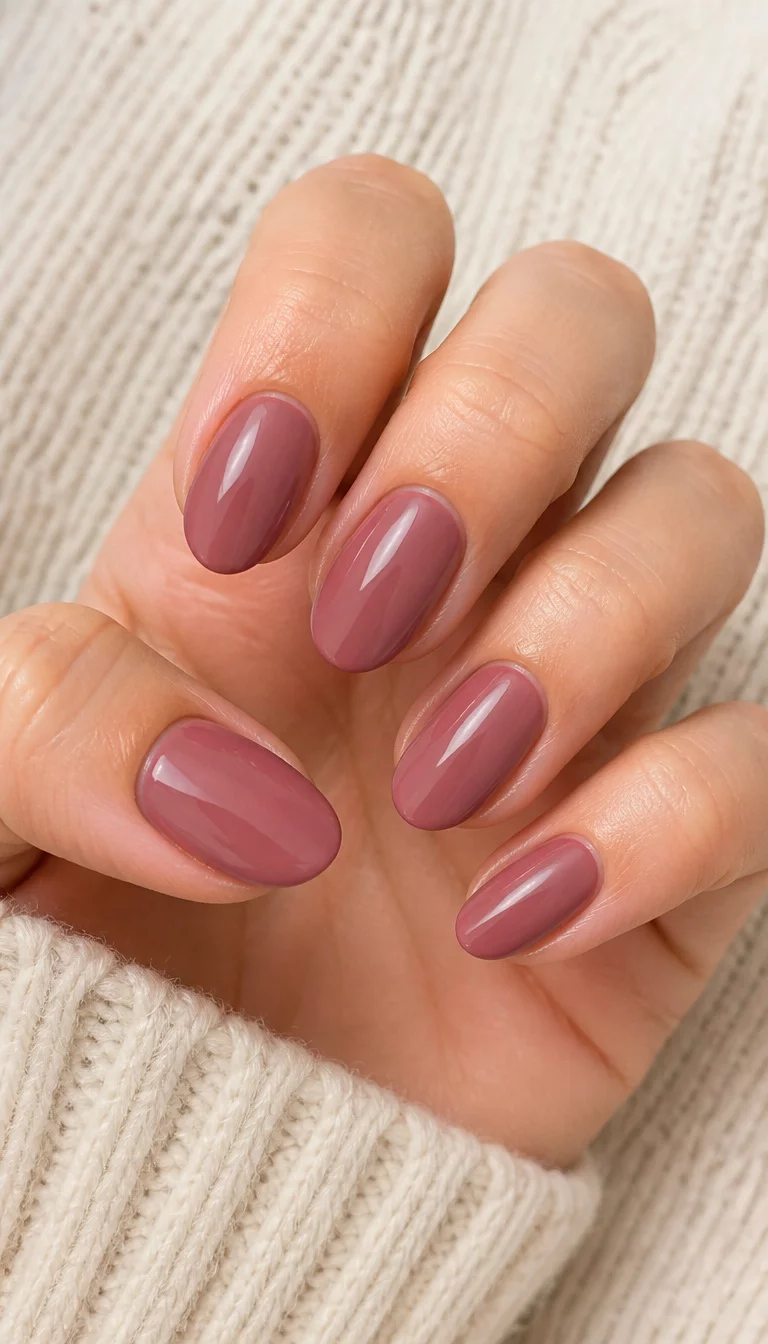 Dusty Rose Ribbed Sweater Vibe close-up shot of a woman’s hand with five fingers showing oval-shaped nails in a dusty rose or mauve color, light-colored sweater background.