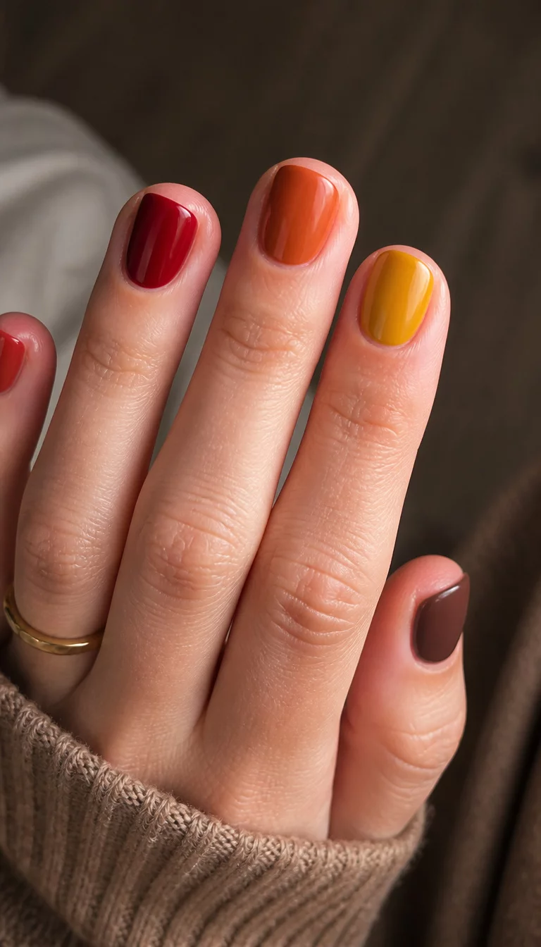 Autumn Accessories And Warm Tones close-up shot of a woman’s hand with five fingers showing short nails in deep red, orange, yellow, and warm brown