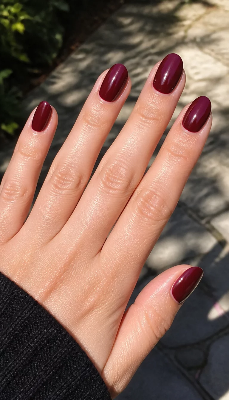Glossy Deep Wine Oval close-up shot of a woman’s hand with five fingers showing oval-shaped nails painted a glossy, deep wine red, outdoor setting with sunlight and shadows.