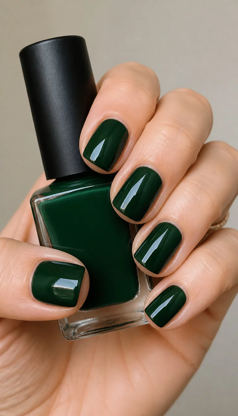 Mysterious Forest Green close-up shot of a woman’s hand with five fingers showing short, square nails painted a deep, glossy forest green, holding a bottle of matching polish, neutral background.