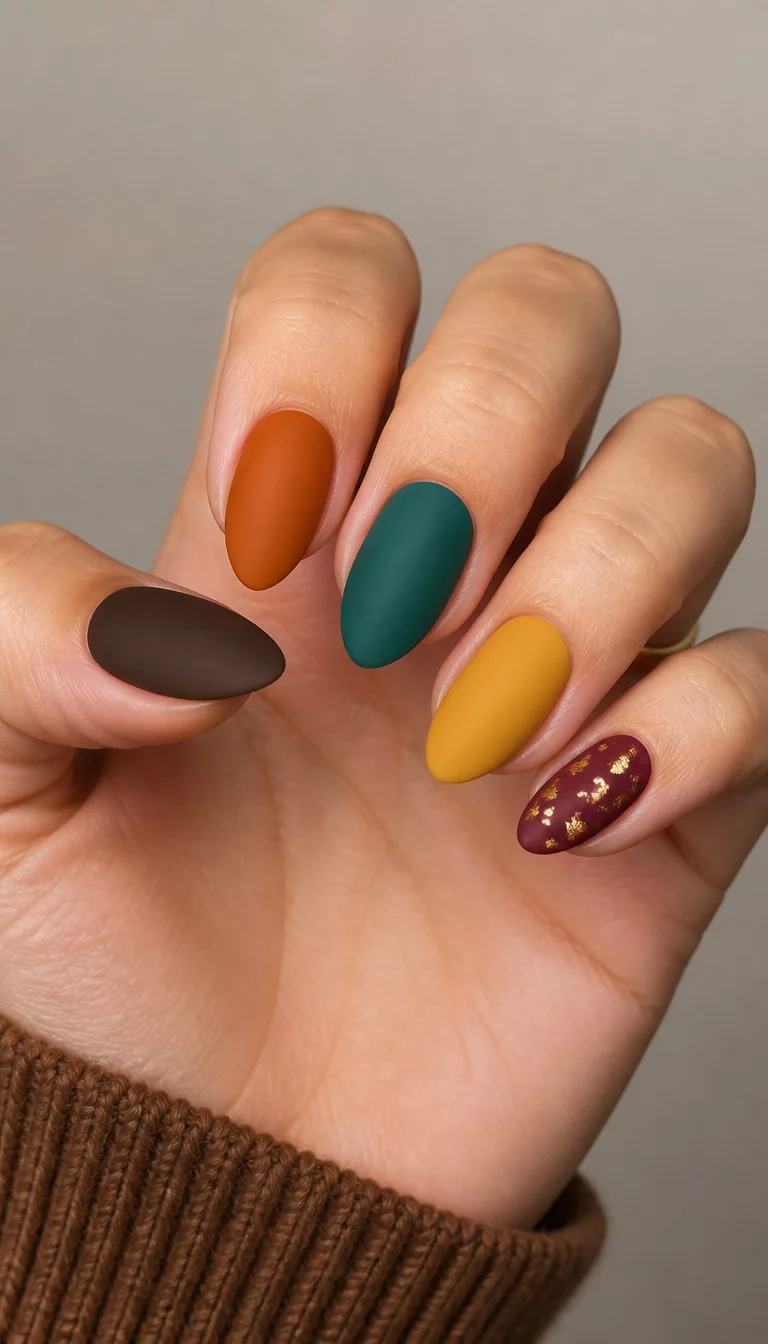 Matte Almond Multi Tone close-up shot of a woman’s hand with five fingers showing almond-shaped nails in matte dark brown, orange, teal, mustard yellow, and burgundy with gold flakes, neutral background.