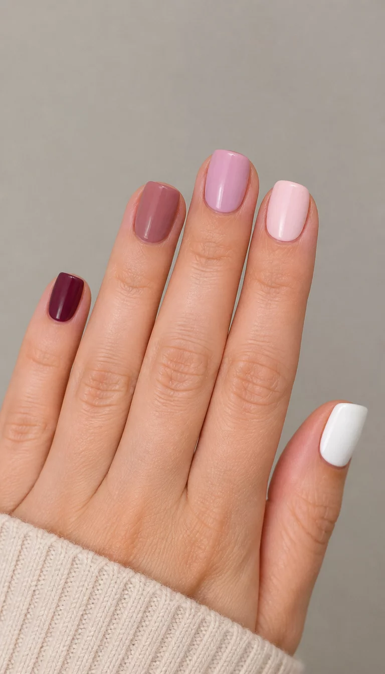 The Mixed Berry Palette close-up shot of a woman’s hand with five fingers showing short, square nails in a mix of dark plum, mauve, blush pink, and white, neutral background.