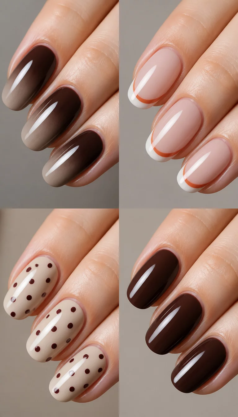 Eclectic Fall Design Quartet close-up shot of four different nail designs including ombre brown and grey, French tips with orange and white, polka dots with maroon, and solid dark brown, studio setting.