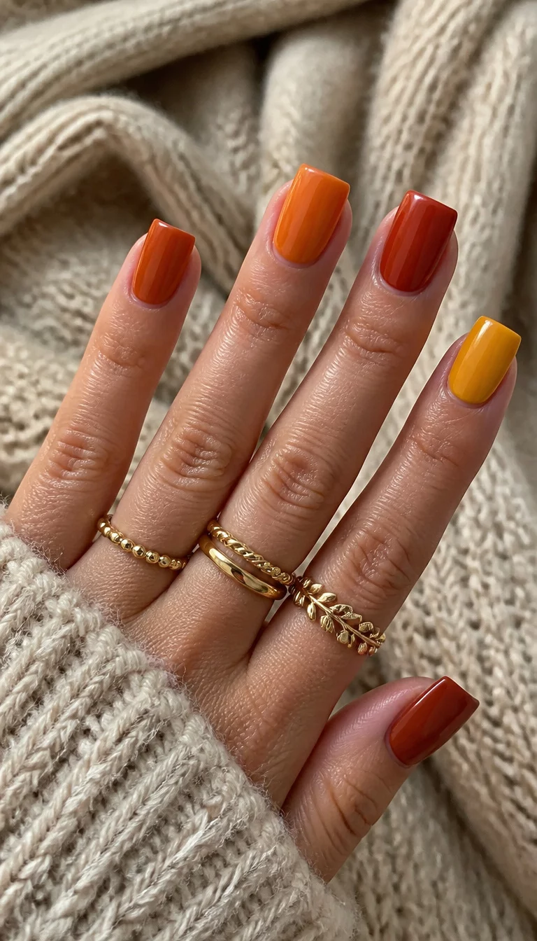 The Vibrant Harvest Palette close-up shot of a woman’s hand with five fingers showing square nails in vibrant rust, orange, red, and yellow, gold rings, textured sweater background.