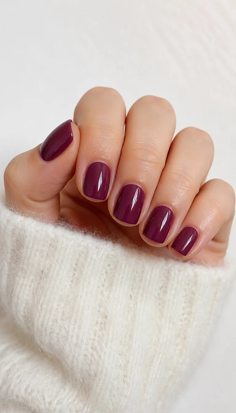 Plum Perfection On White close-up shot of a woman’s hand with five fingers showing short, square nails painted a glossy deep plum, white surface and fuzzy white sweater background.
