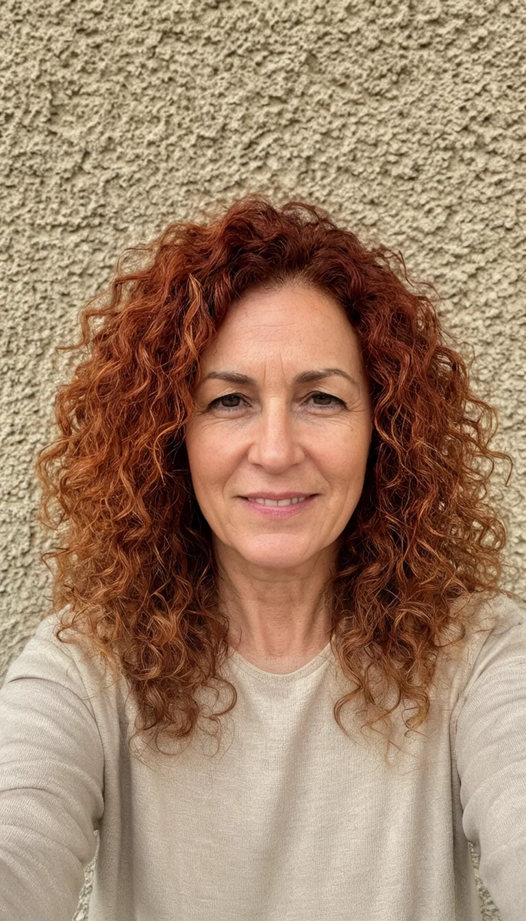 selfie of a 42-year-old woman wearing a neutral top with a reddish-brown and auburn colored curly hairstyle, front view, textured background