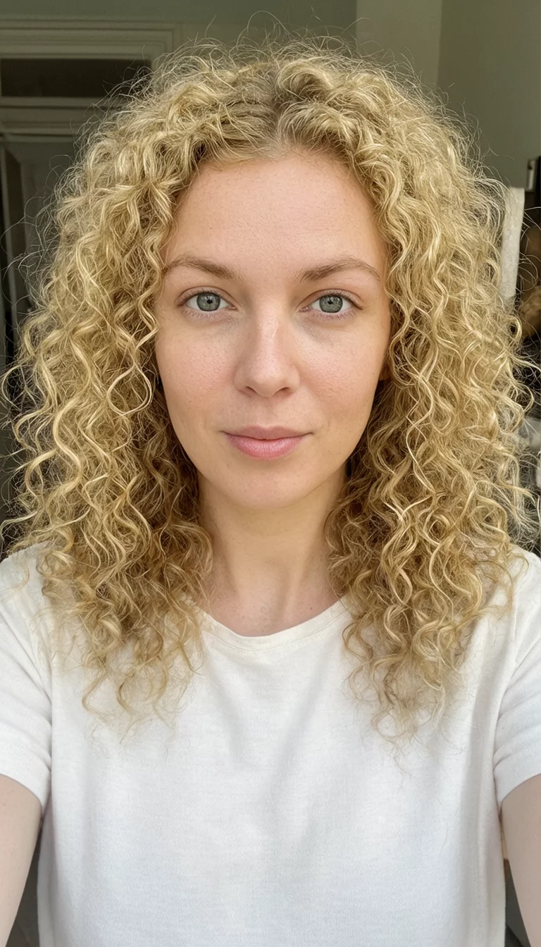 selfie of a 27-year-old woman wearing a simple top with a blonde colored voluminous curly hairstyle, front view, split image setting