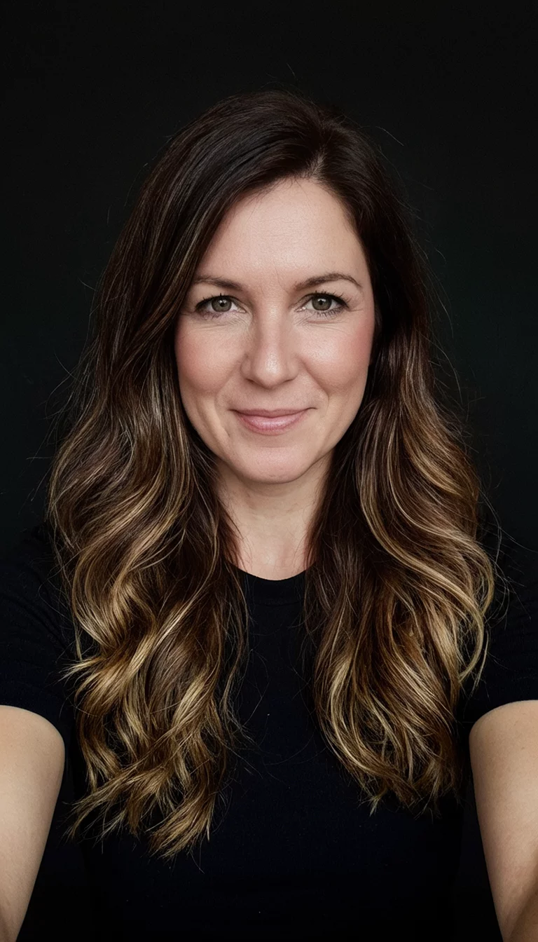 selfie of a 34-year-old woman wearing a black top with a brown hair with lighter highlights colored long wavy hairstyle, front view, dark background