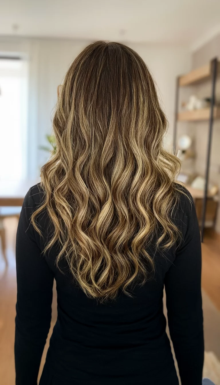 casual photo of a 38-year-old woman wearing a black long-sleeved shirt with a brown hair with blonde highlights colored very long wavy hairstyle, back view, indoor setting