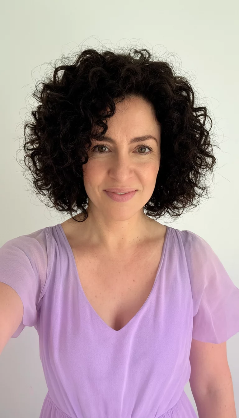 selfie of a 30-year-old woman wearing a light purple dress with a dark colored voluminous curly hairstyle, front view, studio collage