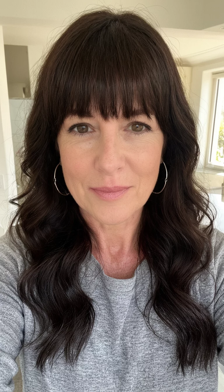 selfie of a 39-year-old woman wearing a grey top and silver hoop earrings with a dark brown colored long wavy hairstyle with bangs, front view, indoor setting