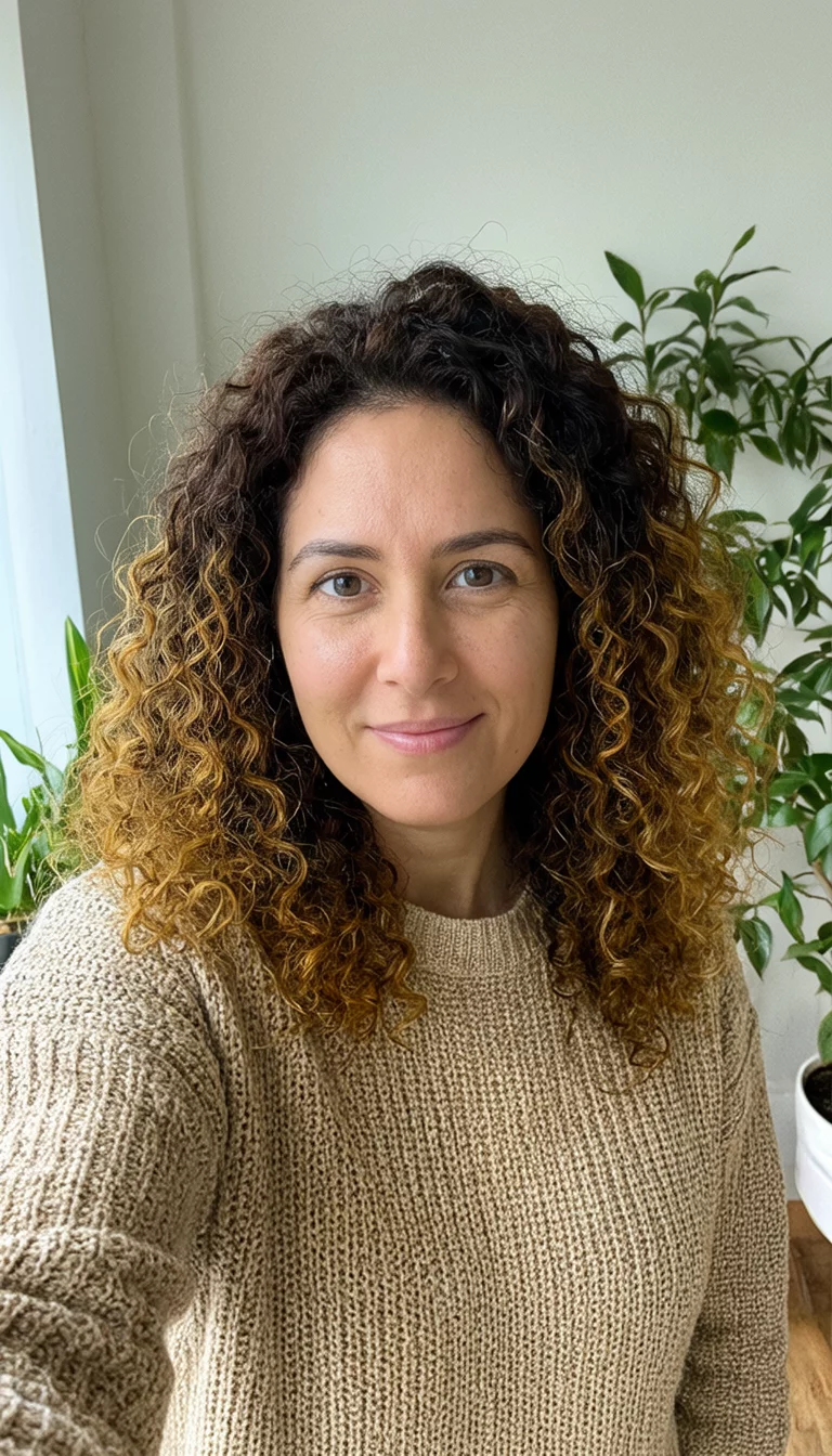selfie of a 31-year-old woman wearing a beige knitted sweater with a dark brown and golden colored curly hairstyle, front view, well-lit room with plants