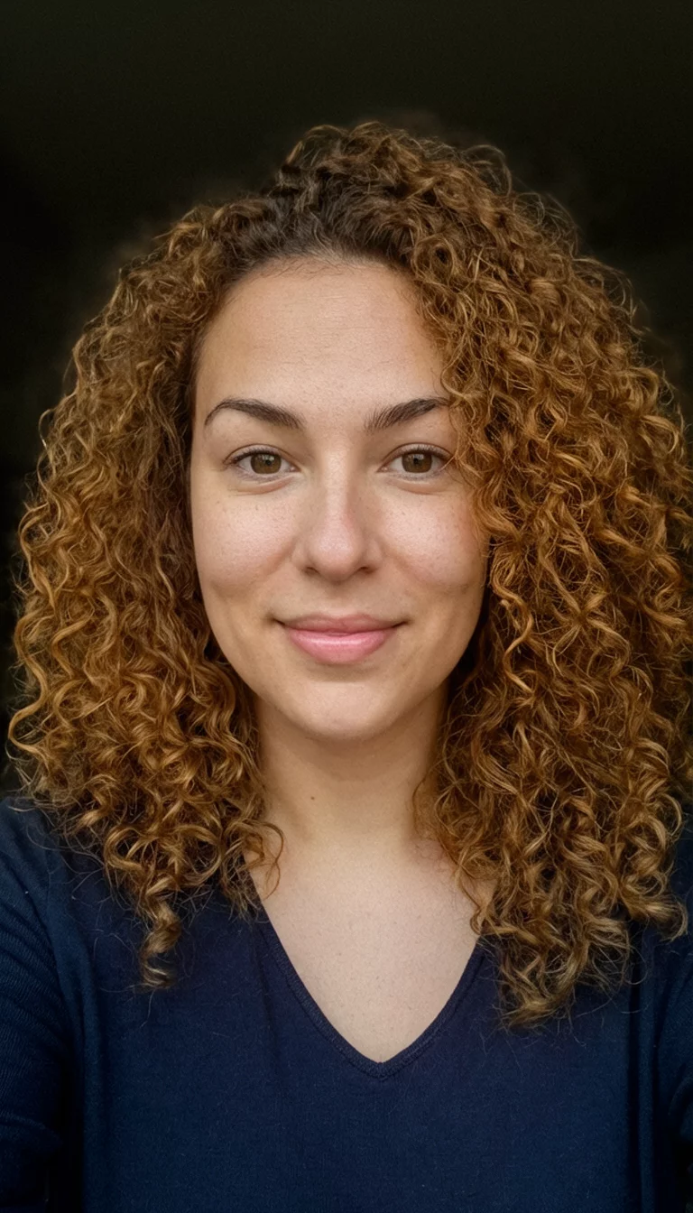 selfie of a 26-year-old woman wearing a dark top with a honey-brown colored curly hairstyle, front view, dark background