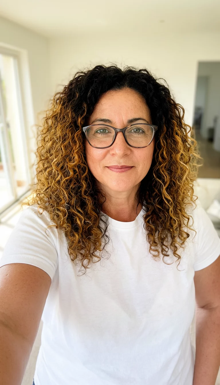 selfie of a 43-year-old woman wearing glasses and a white t-shirt with a curly highlighted colored hairstyle, front view, brightly lit room