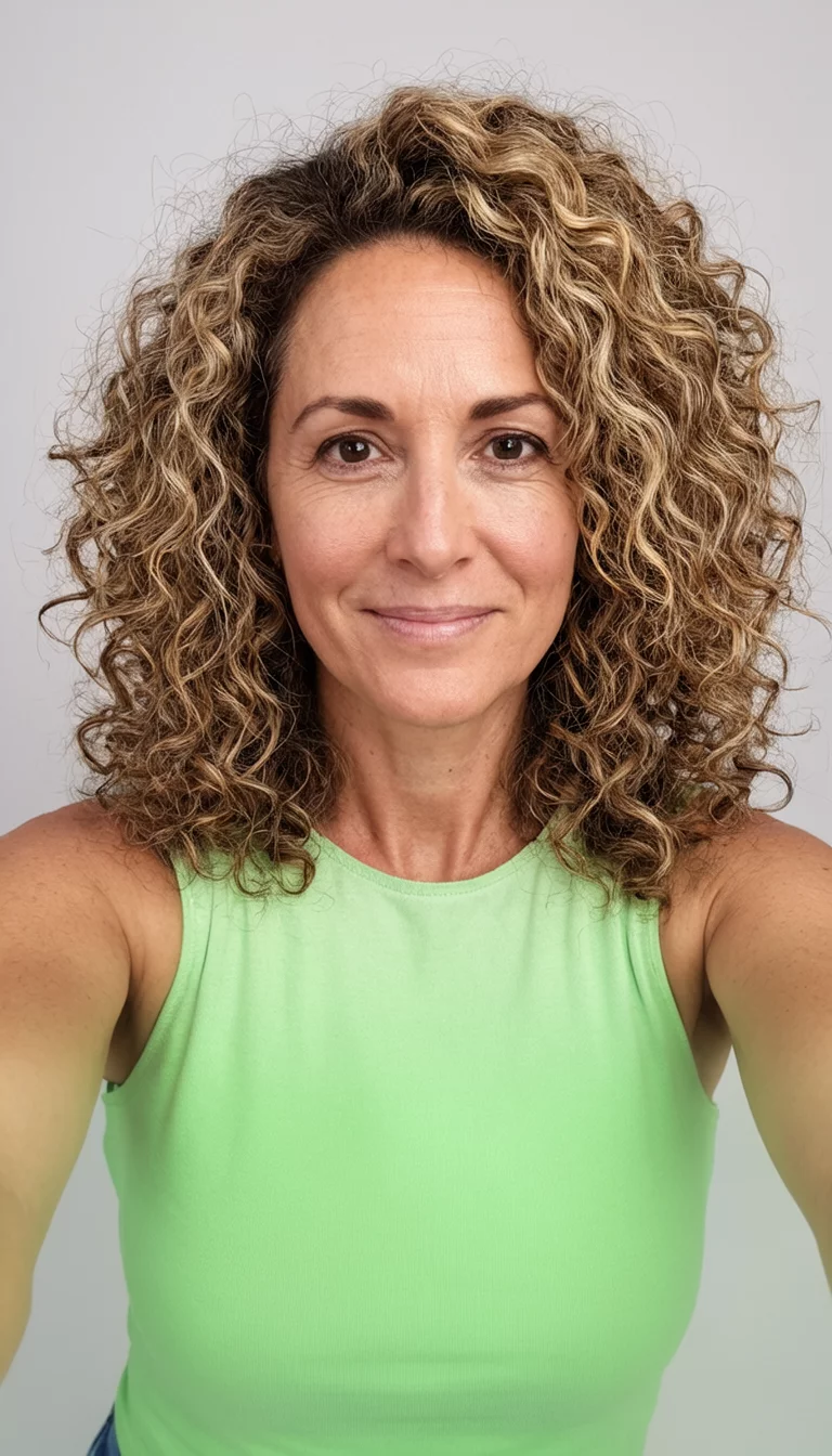 selfie of a 33-year-old woman wearing a light green sleeveless top with a blonde-highlighted brown colored voluminous curly hairstyle, front view, studio setting