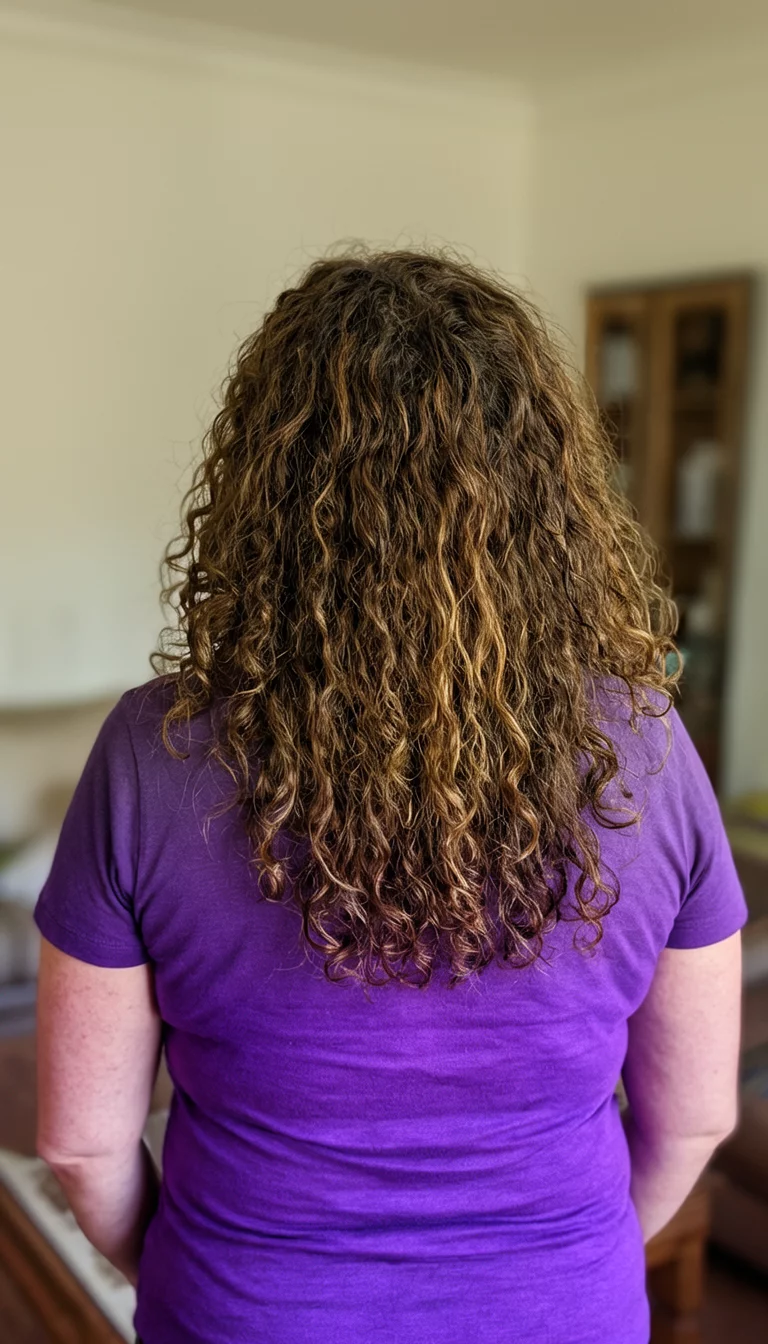casual photo of a 49-year-old woman wearing a purple shirt with a multi-toned brown colored long curly hairstyle, back view, indoor setting