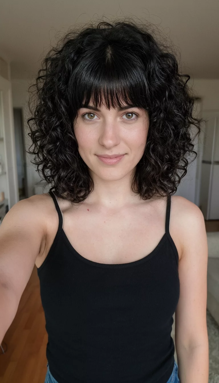 selfie of a 23-year-old woman wearing a black camisole with a dark colored curly shag hairstyle with bangs, front view, indoor setting