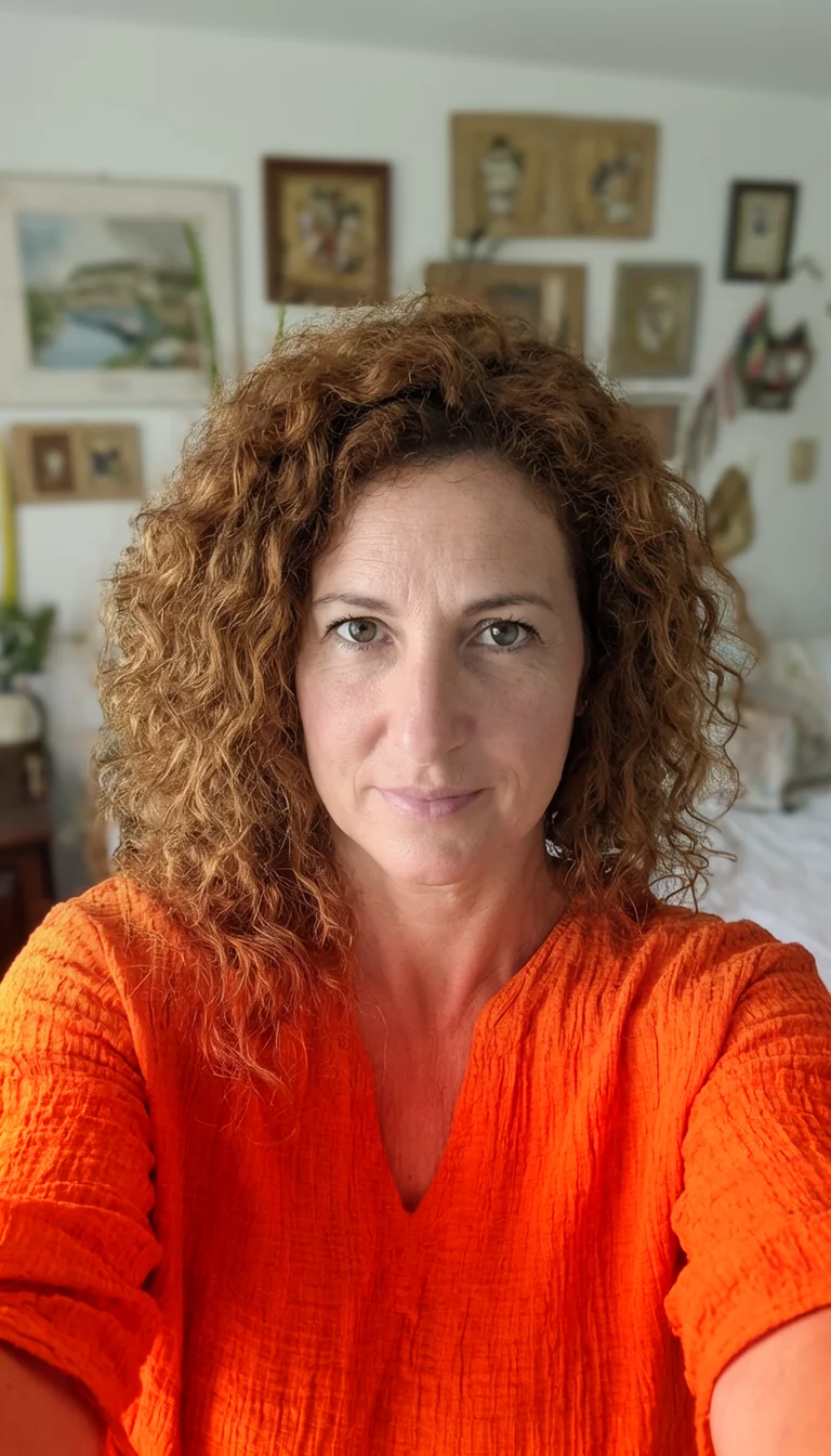 selfie of a 32-year-old woman wearing an orange textured shirt with a auburn colored curly hairstyle, front view, well-decorated room