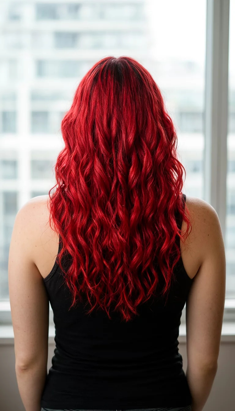 casual photo of a 29-year-old woman wearing a black tank top with a fiery red colored long wavy loose curls hairstyle, back view, blurred window background
