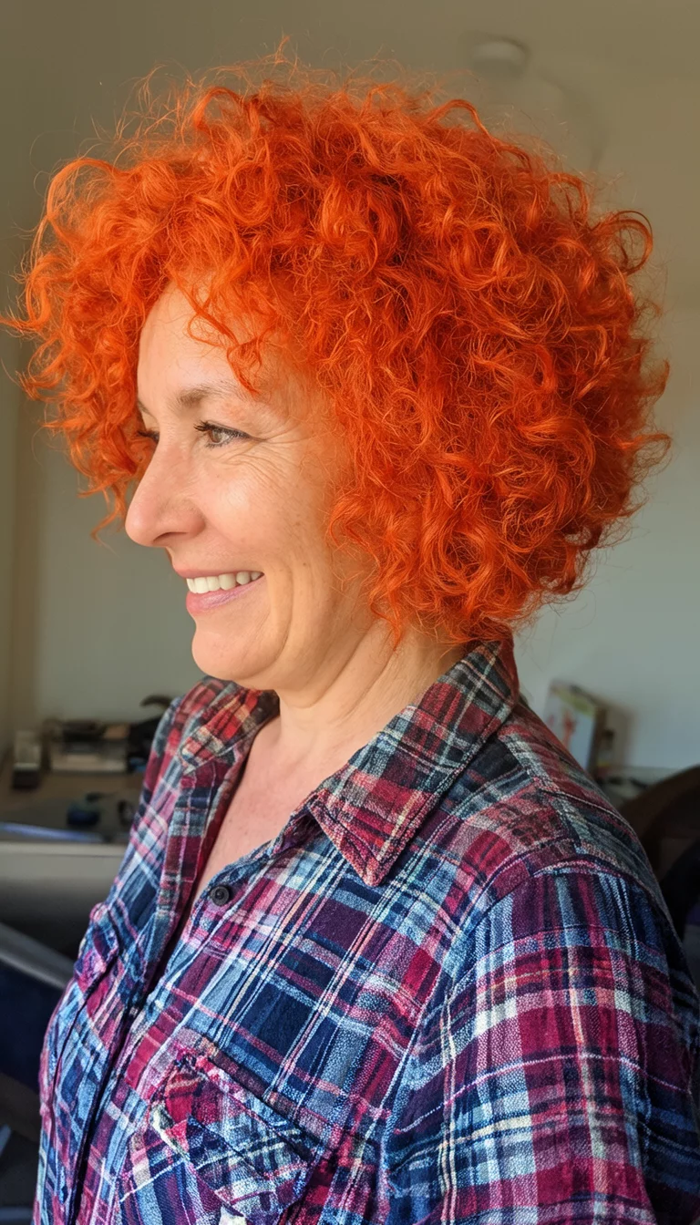 selfie of a 37-year-old woman wearing a plaid shirt with a fiery orange-red colored curly hairstyle, side view, indoor setting