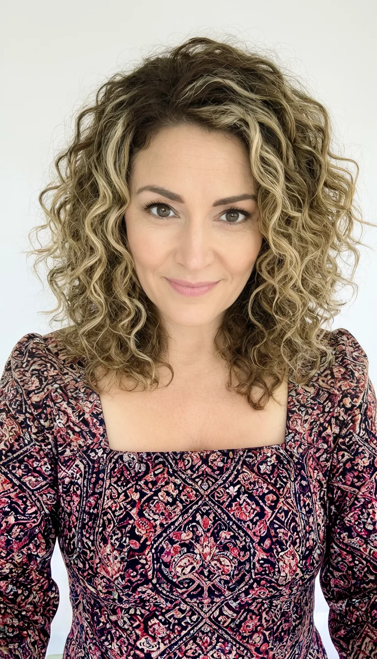 selfie of a 36-year-old woman wearing a patterned square-neck top with a blonde-highlighted brown colored voluminous curly hairstyle, front view, studio setting