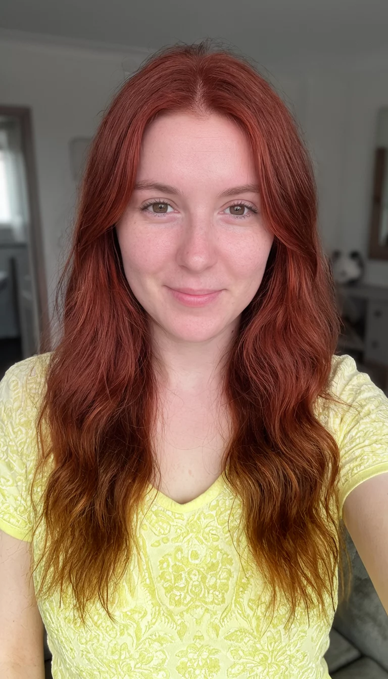 selfie of a 22-year-old woman wearing a light yellow ornate top with a reddish-brown colored long wavy hairstyle, front view, indoor setting