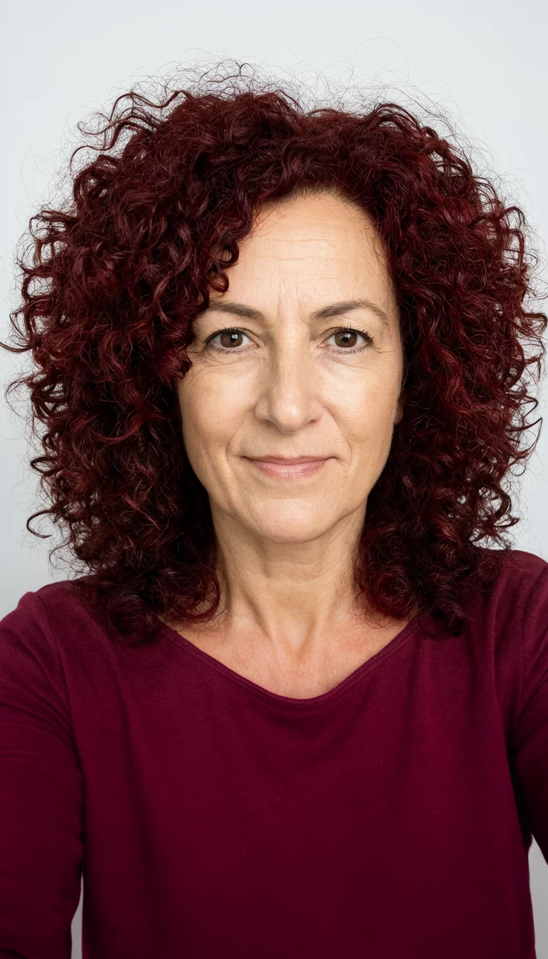 selfie of a 45-year-old woman wearing a maroon top with a dark red colored voluminous curly hairstyle, front view, studio shot