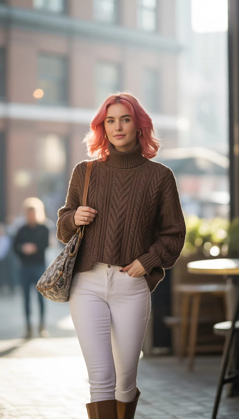 Cable Knit Turtlenecks And Knee High Boots A beautiful 25-year-old woman with pink hair wearing a brown cable-knit turtleneck sweater, white skinny jeans, and brown knee-high boots, she carries a patterned handbag.
