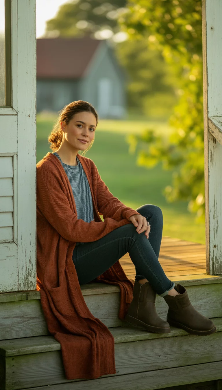 Rust Cardigans And Brown Ankle Boots A beautiful 29-year-old woman wearing a long rust-colored cardigan, a blue striped shirt, skinny jeans, and brown ankle boots, she sits on wooden porch steps.