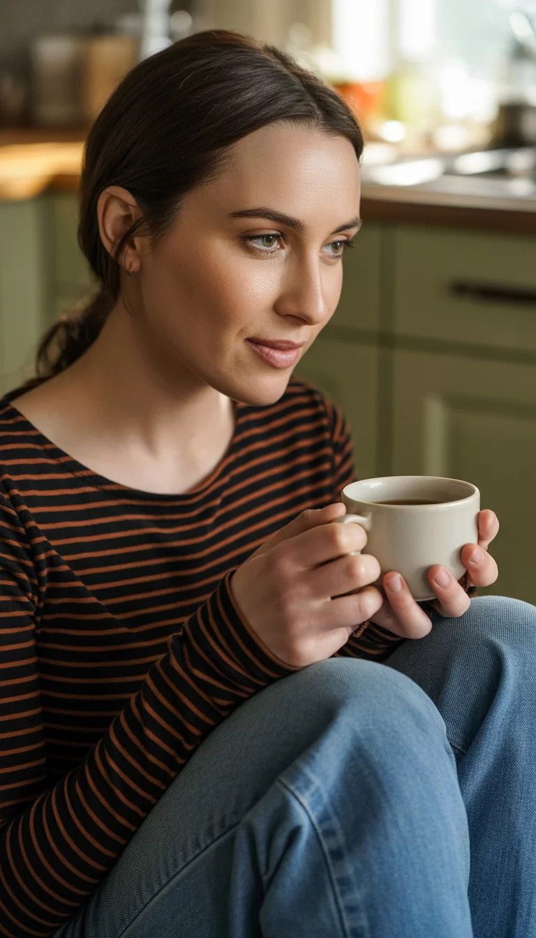 Striped Shirts And Classic Blue Jeans A beautiful 29-year-old woman wearing a black and rust-colored striped long-sleeved shirt and blue jeans, she holds a white coffee cup in a close-up shot.