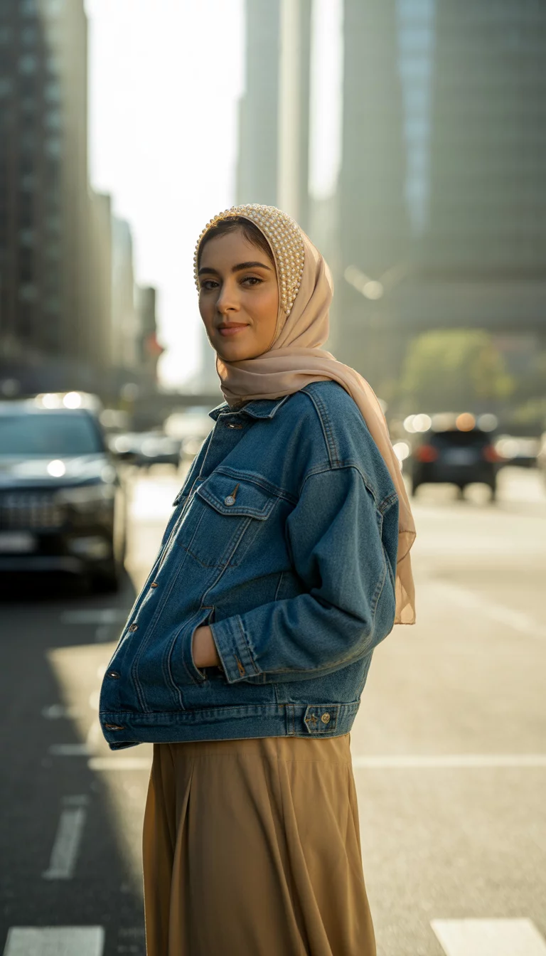 Denim Jackets And Flowing Khaki Pants A beautiful 26-year-old woman wearing a pearl decorated hijab, a blue denim jacket, and flowing khaki pants, she smiles while standing on a busy city street with tall buildings behind her.