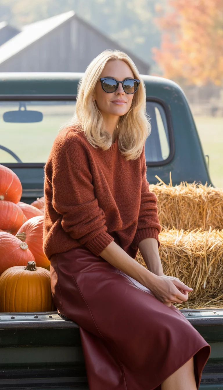 Rust Knit Sweaters And Burgundy Skirts A beautiful 33-year-old blonde woman in black sunglasses sitting on a truck bed filled with pumpkins and hay, wearing a rust-colored knit sweater and a burgundy skirt.