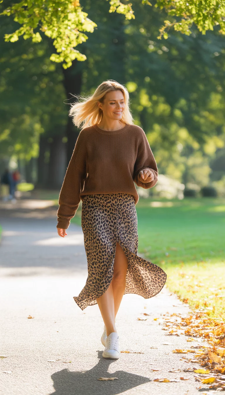 Leopard Print Skirts And White Sneakers A beautiful 30-year-old blonde woman walking in a park, wearing a brown knit sweater, a leopard print skirt with a side slit, and white sneakers.