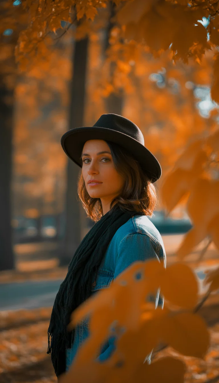 Black Hats And Denim Jackets A beautiful 31-year-old woman wearing a black wide brim hat, blue denim jacket, and a dark scarf, she poses in a park with orange autumn leaves.