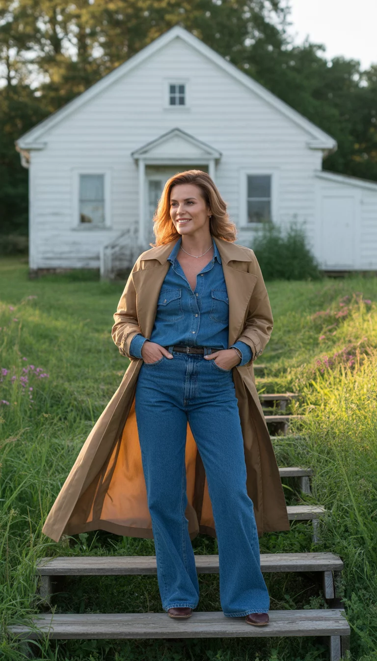 Denim Shirts And Tan Trench Coats A beautiful 32-year-old woman wearing a blue denim shirt, wide leg jeans, and a tan trench coat, she stands on a set of porch steps in front of a white house.