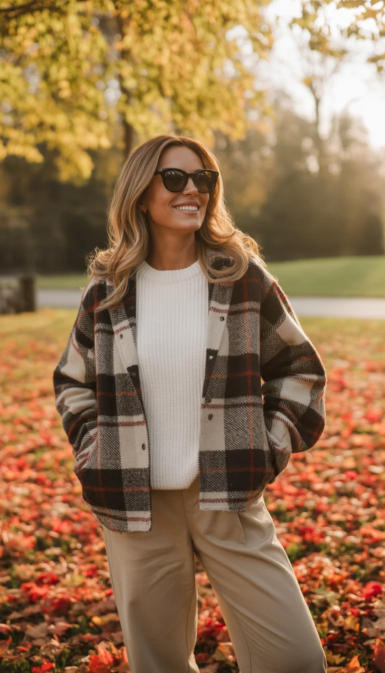 Plaid Jackets And Beige Pants A beautiful 37-year-old woman in black sunglasses wearing a plaid jacket over a white sweater and beige pants, she smiles in a park setting filled with autumn leaves.