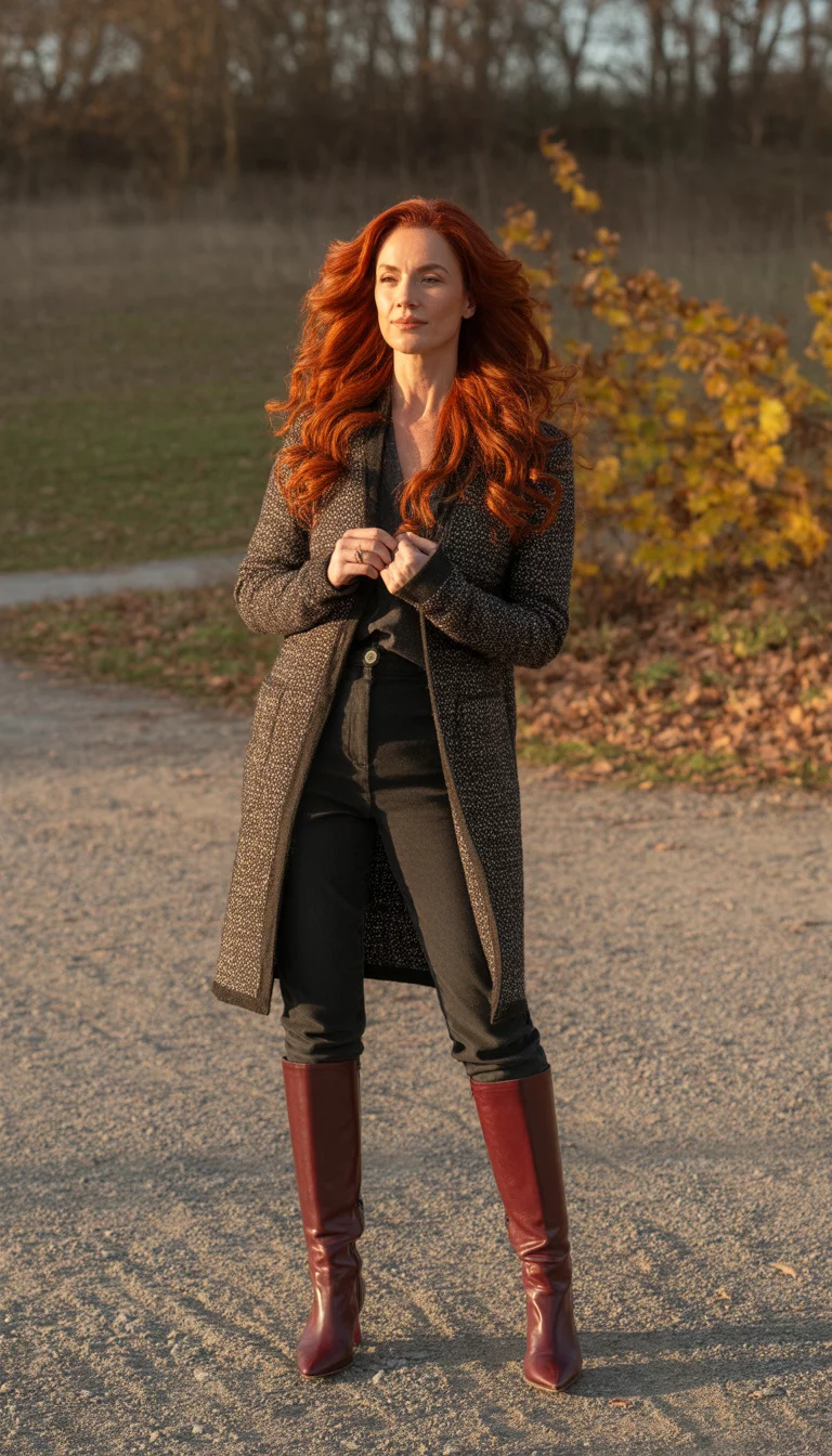 Textured Cardigans And Burgundy Boots A beautiful 34-year-old woman with vibrant red hair wearing a long textured open front cardigan, dark pants, and knee-high burgundy boots, she stands in a gravelly outdoor setting during a crisp autumn afternoon.