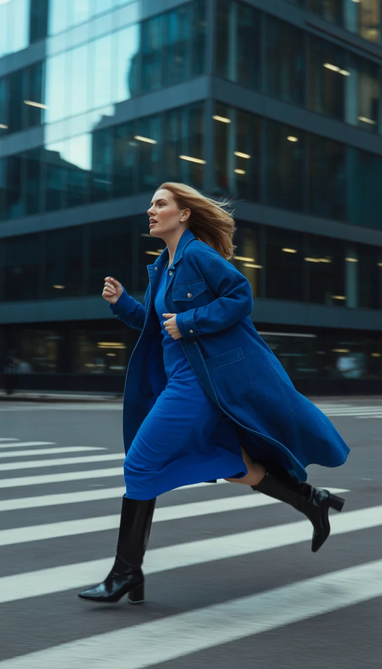 Blue Denim Coats And Tall Black Boots A beautiful 35-year-old woman running across a zebra crossing, wearing a royal blue denim coat, a matching blue dress, and tall black boots with a modern building in the background.