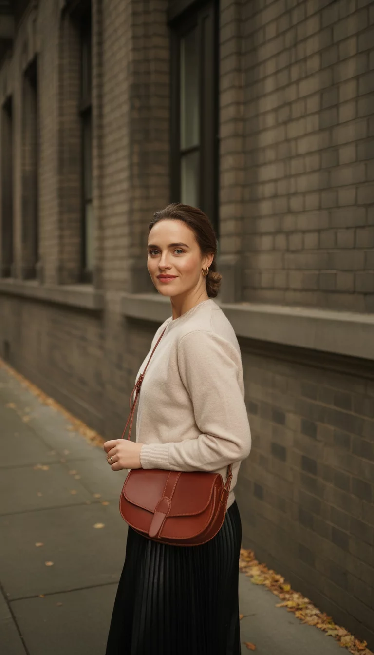 A beautiful 30-year-old woman in a neutral-colored sweater, black pleated skirt, and a brown leather saddlebag purse, standing in front of a classic building facade.