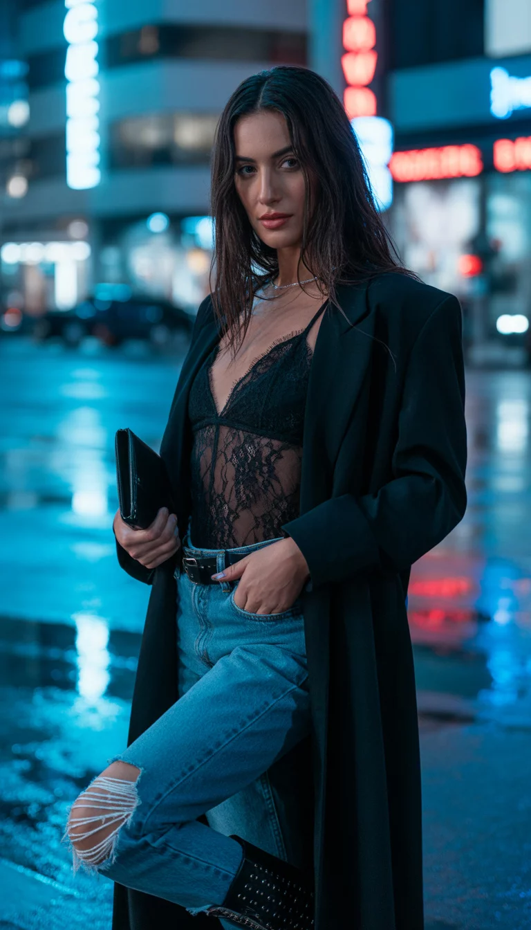 A beautiful 27-year-old woman in a black lace bodysuit, ripped blue jeans, and heeled black boots, carrying a black leather clutch at night.